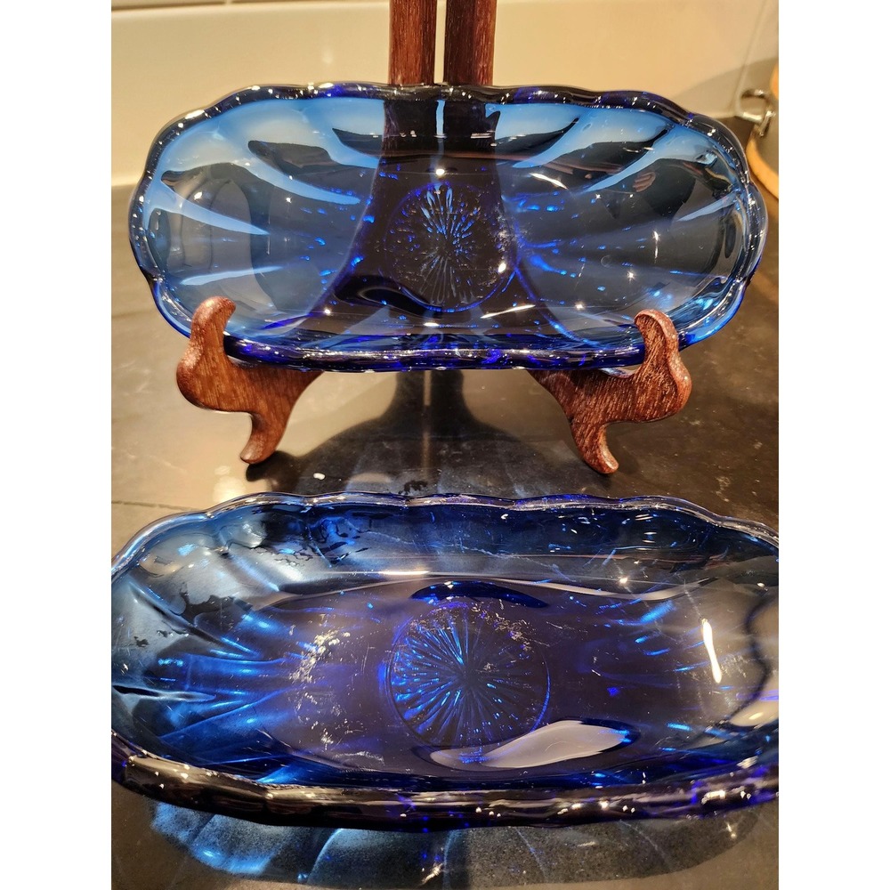 Vintage Cobalt Blue Glass Relish Dishes Starburst MCM Pressed Glass Set of 2